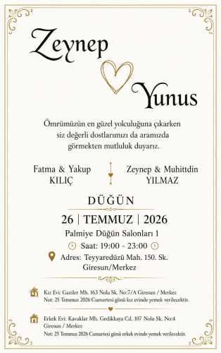 Düğün - Zeynep KILIÇ & Yunus YILMAZ (26.07.2026)